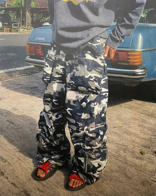 “Army” black white camouflage rip-stop pants.