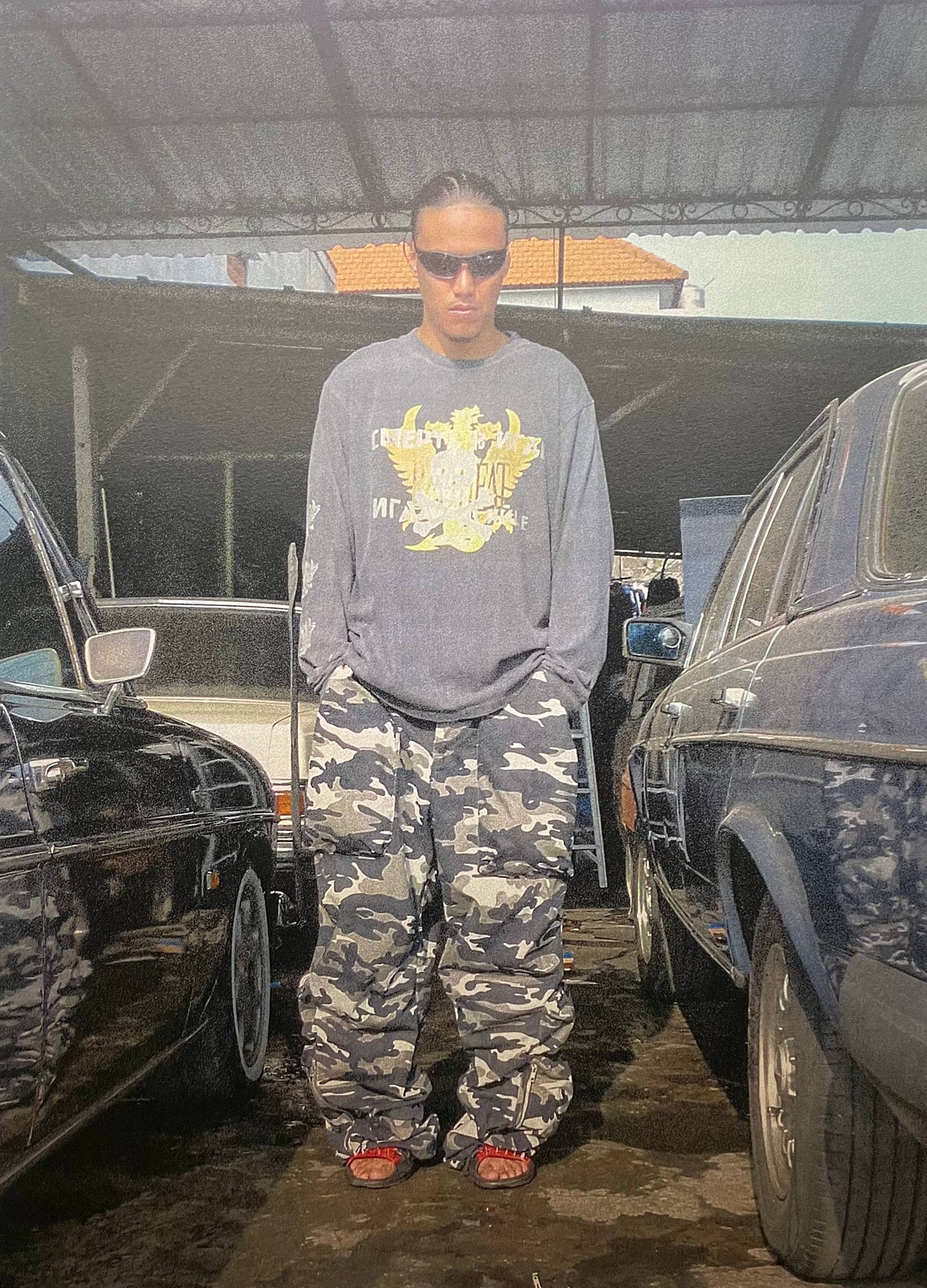 “Army” black white camouflage rip-stop pants.