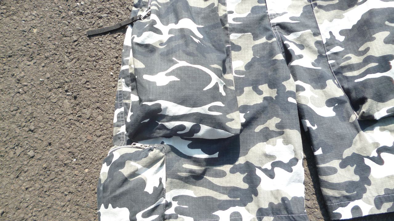 “Army” black white camouflage rip-stop shorts.