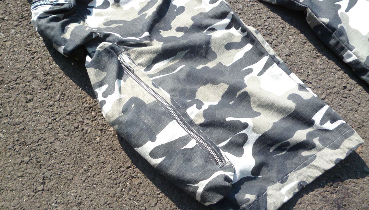 “Army” black white camouflage rip-stop pants.
