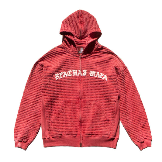 Faded Red Double Zip Waffle Hoodie