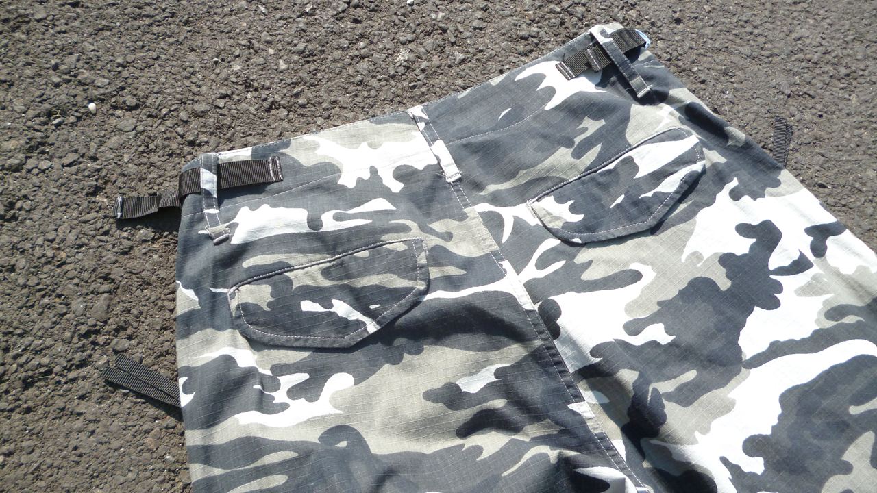 “Army” black white camouflage rip-stop pants.